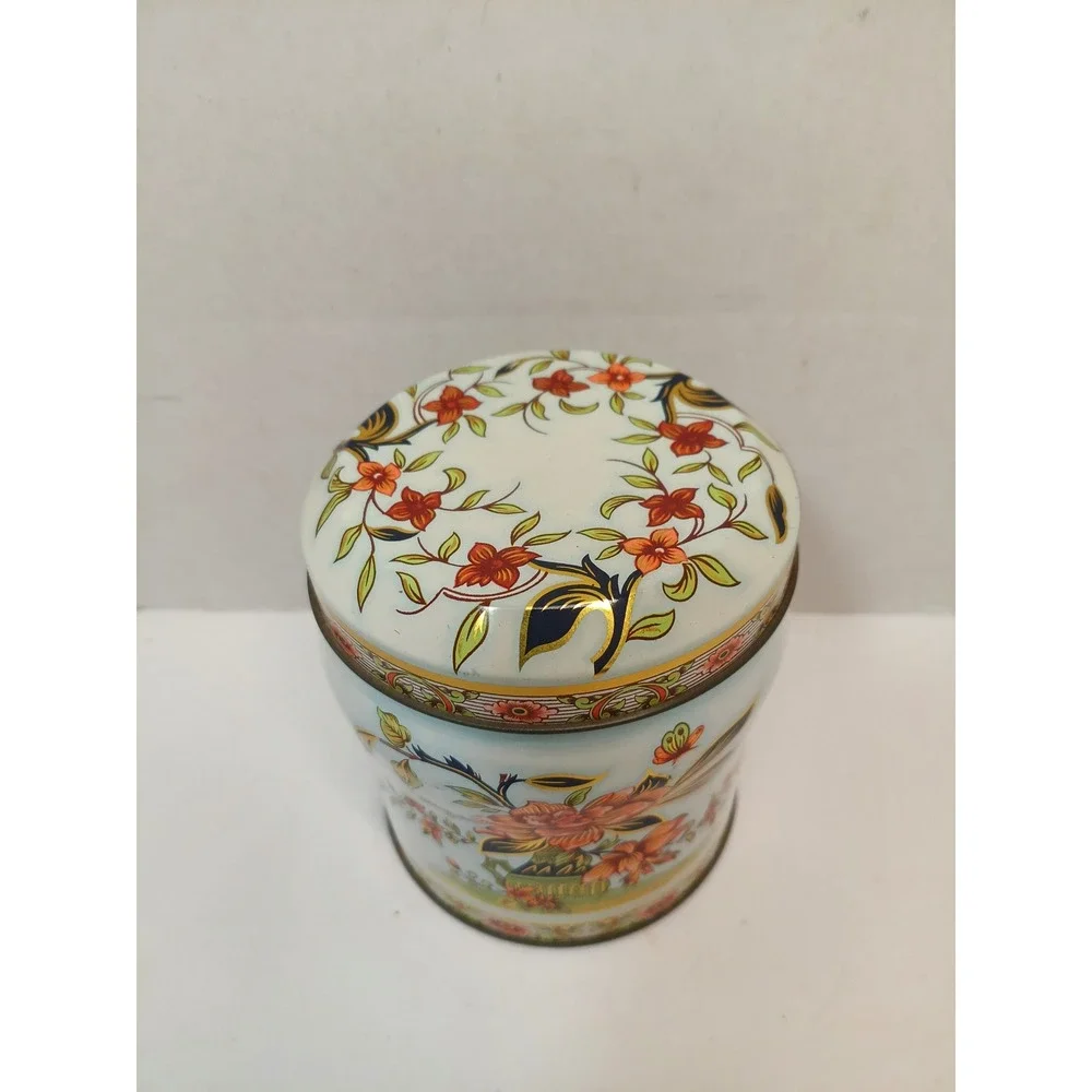 Vintage Daher Floral Tin Canister Made in England Blue Orange Gold Chinoiserie